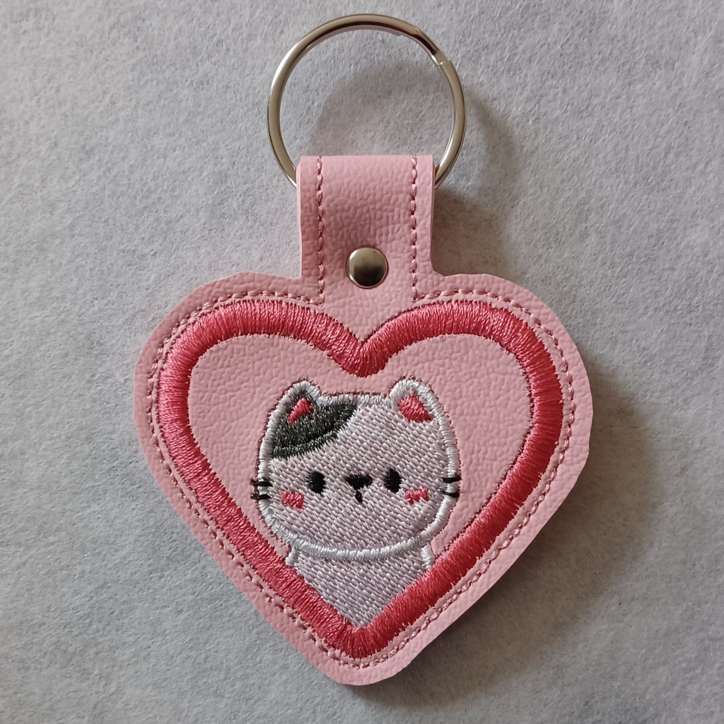 Cat Heart Embroidered Vinyl Key Ring