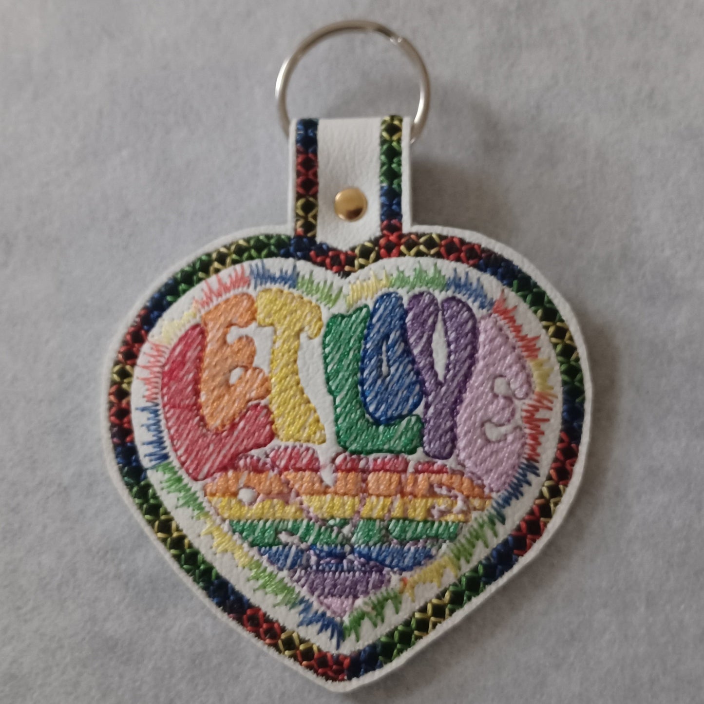 Let Love Rule Heart Embroidered Vinyl Key Ring