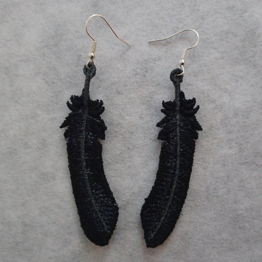 Raven Feather Free-Standing Lace Embroidered Earrings