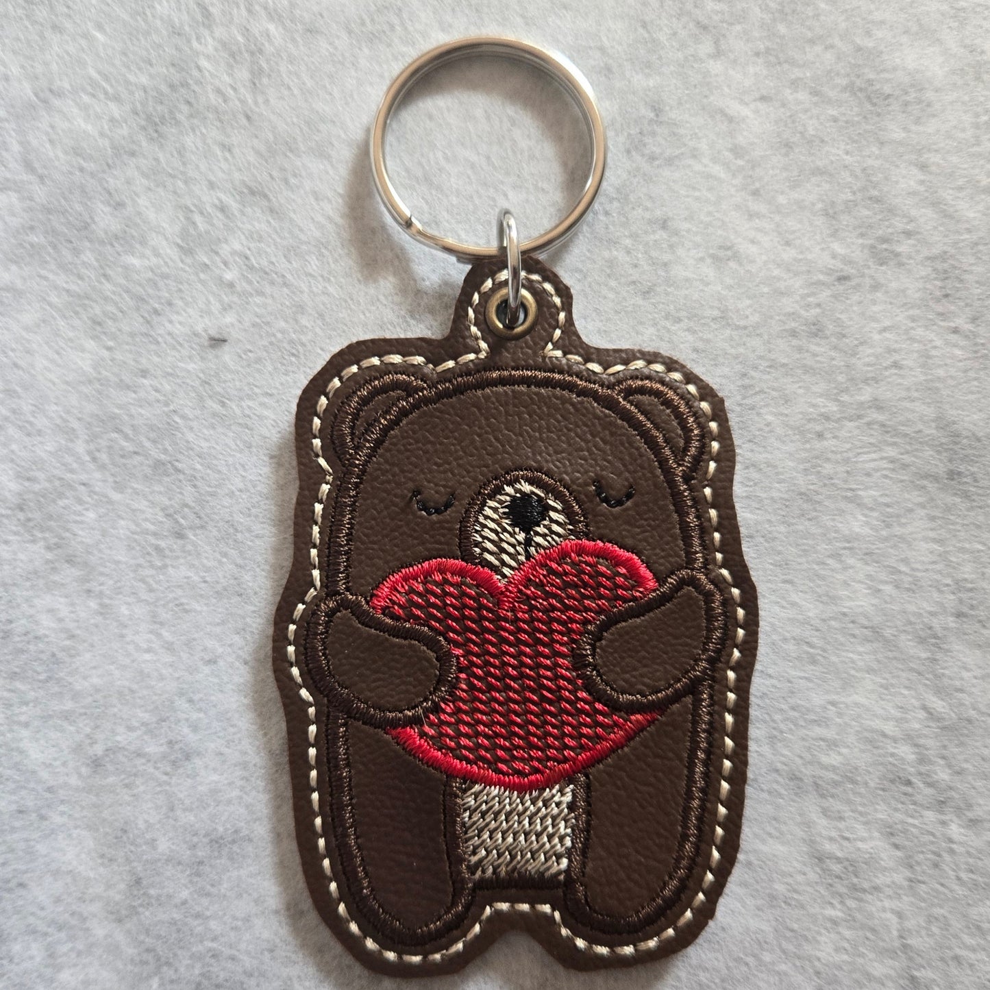 Bear Hugging Heart Embroidered Vinyl Key Ring