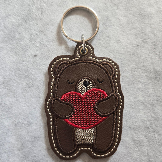 Bear Hugging Heart Embroidered Vinyl Key Ring