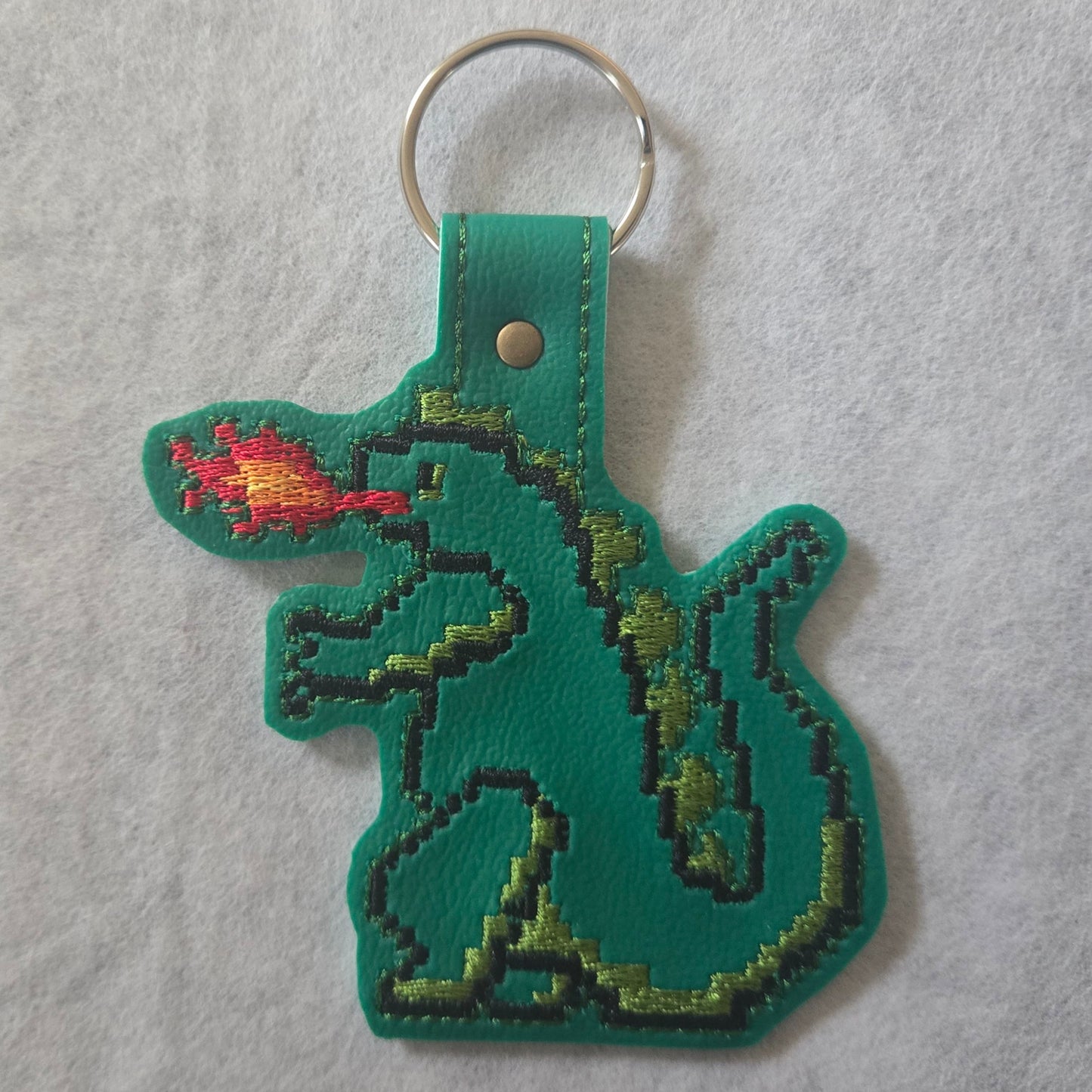 8-bit Large Green Monster Embroidered Vinyl Key Ring
