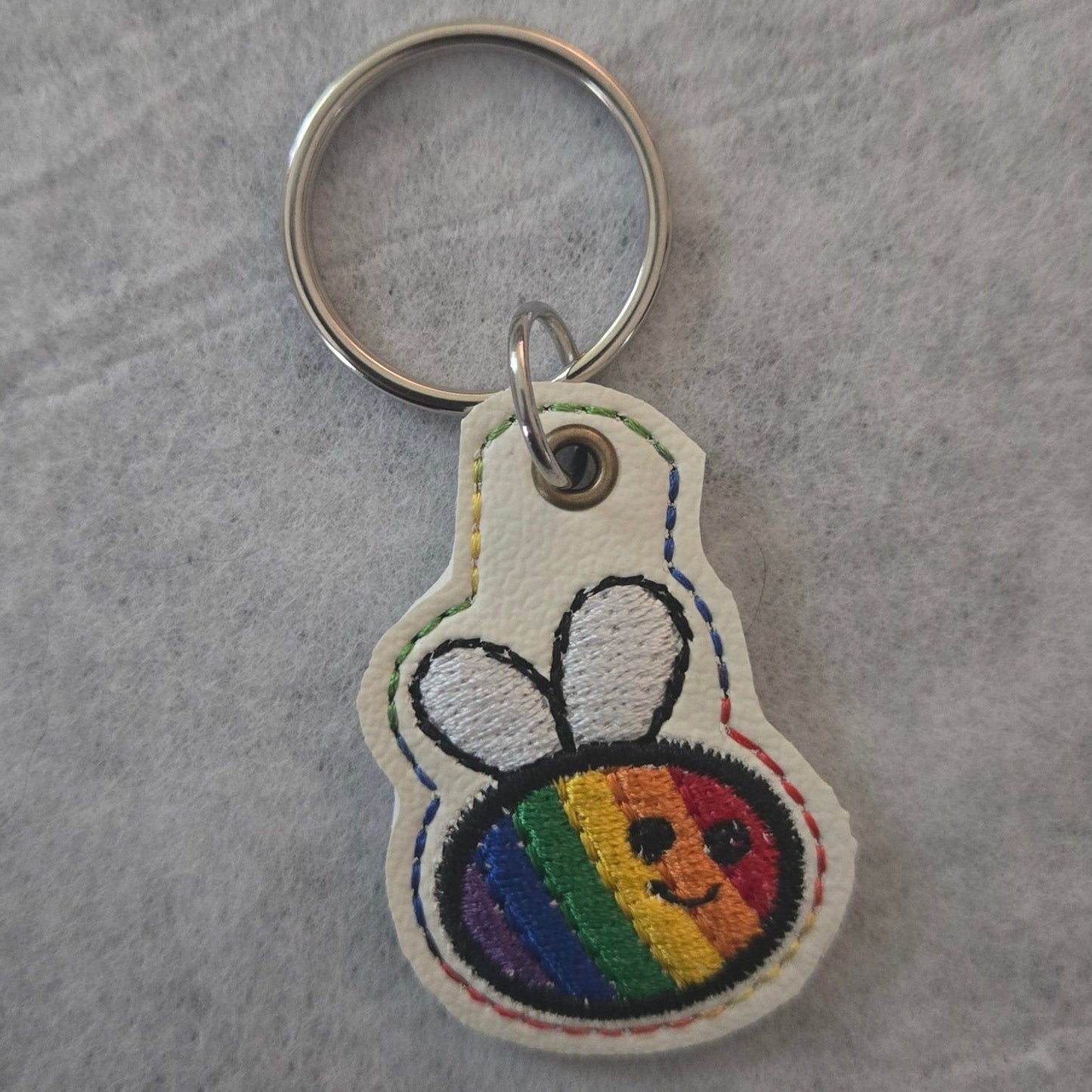 Rainbow Bee Embroidered Vinyl Mini Key Ring