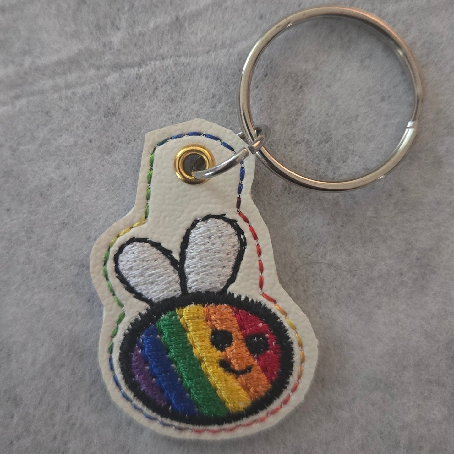 Rainbow Bee Embroidered Vinyl Mini Key Ring