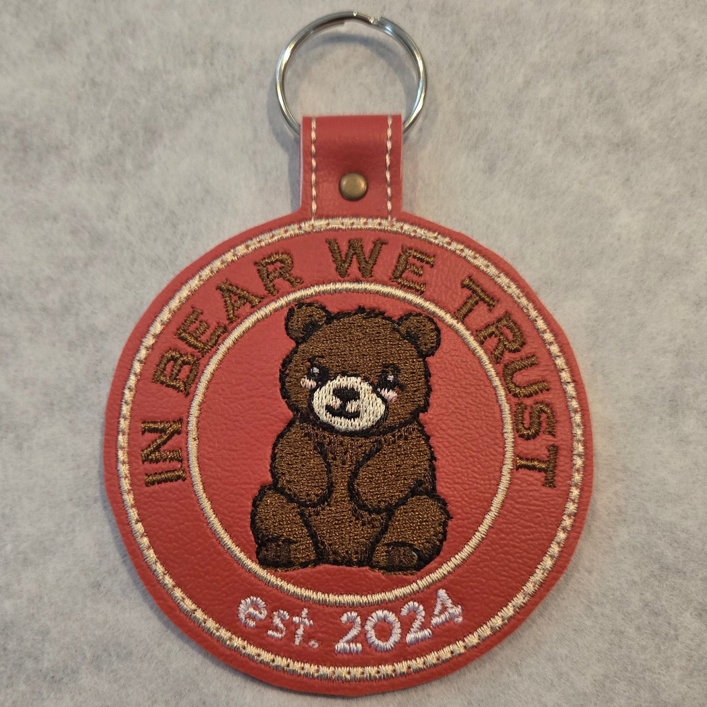 In Bear We Trust Est. 2024 Embroidered Vinyl Key Ring