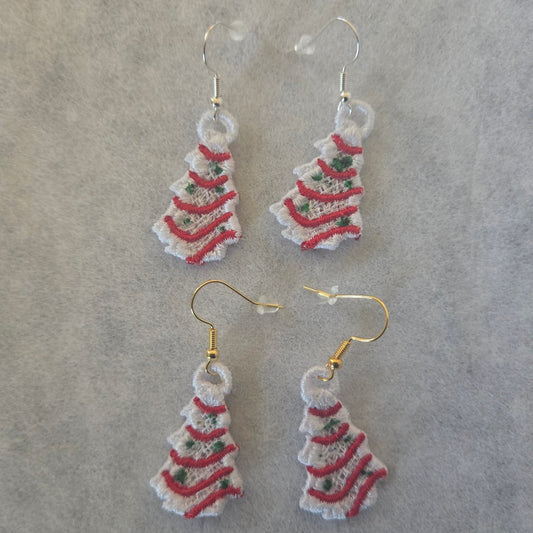 Christmas Tree Snack Cake Free-Standing Lace Embroidered Earrings