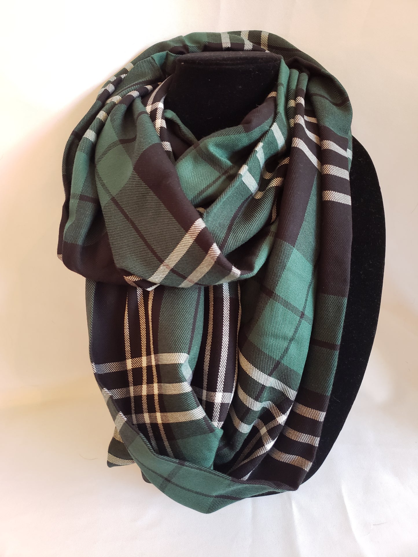 Autumn Infinity Scarf in Green, Black, & White Plaid