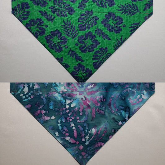 Blue Hibiscus Flowers on Green Over-the-Collar Pet Bandana (Blue & Purple Reverse)
