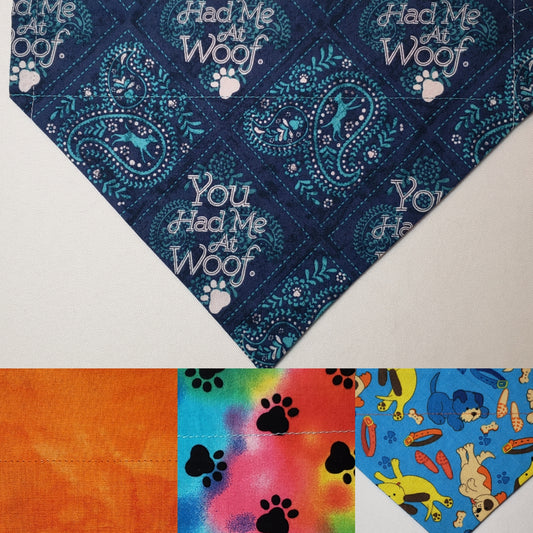 "You Had Me At Woof" Blue Bandana Print Over-the-Collar Pet Bandana