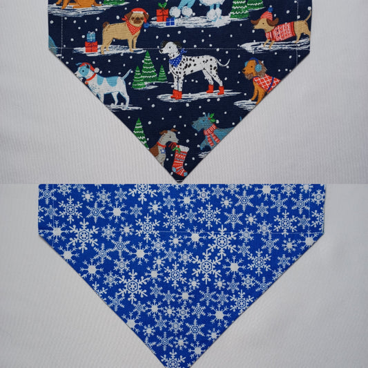 Christmas Dogs / Snowflakes on Blue Over-the-Collar Pet Bandana