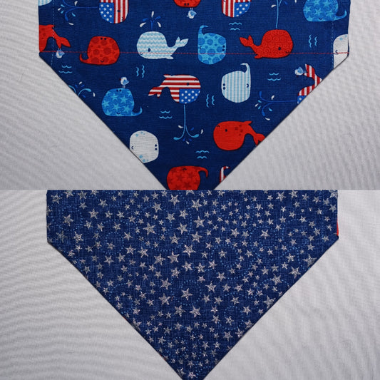 Patriotic Whales / Glitter Stars on Denim Blue Over-the-Collar Pet Bandana