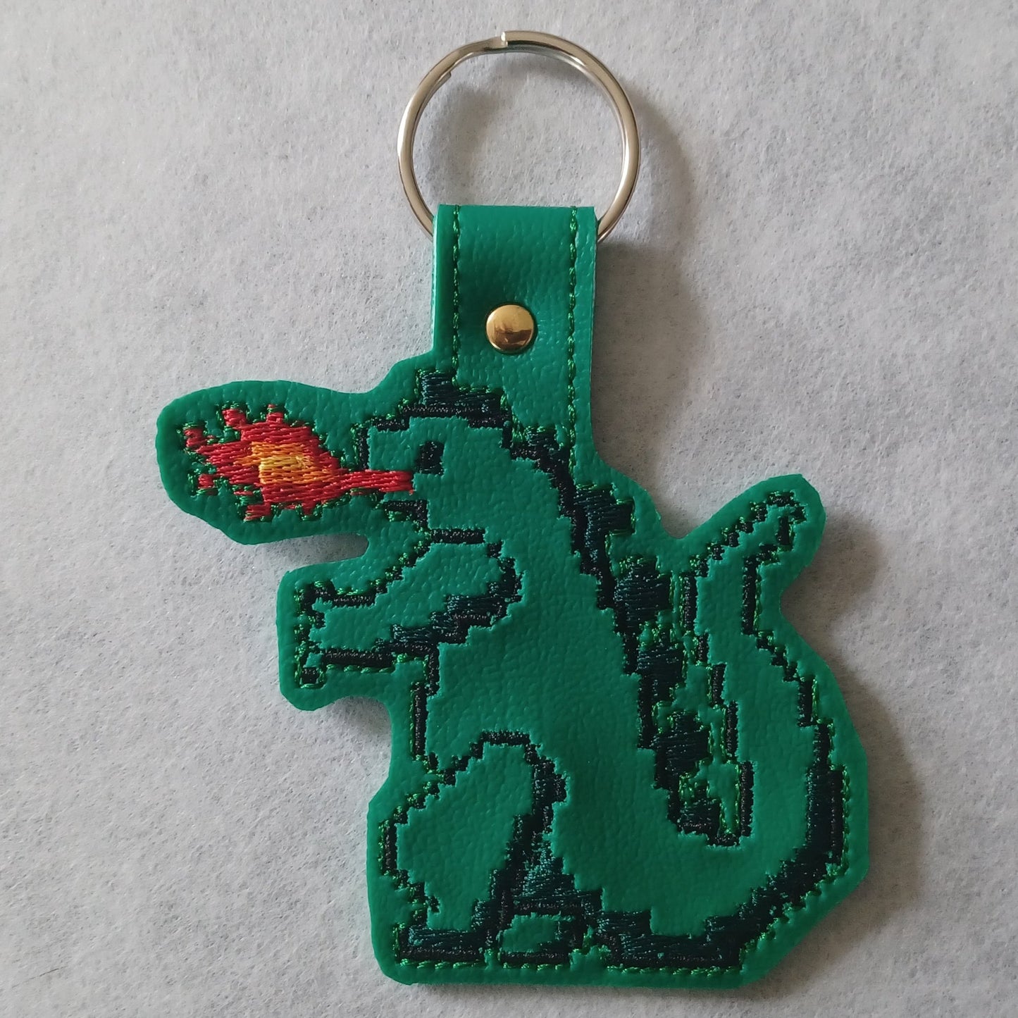 8-bit Large Green Monster Embroidered Vinyl Key Ring