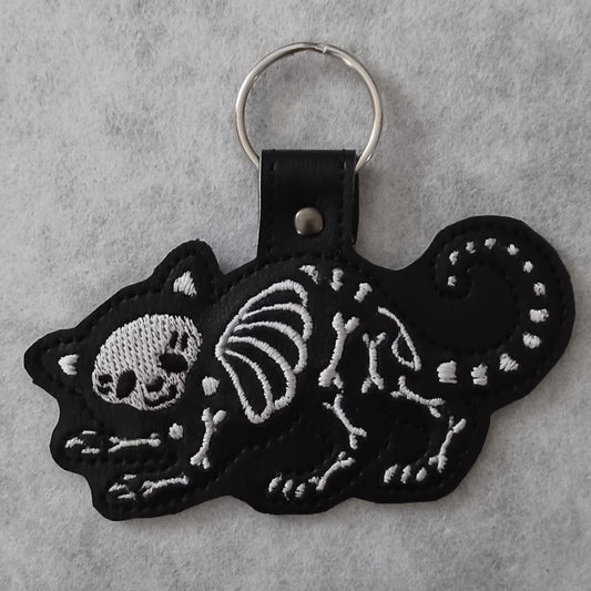 Cat Skeleton Embroidered Vinyl Key Ring