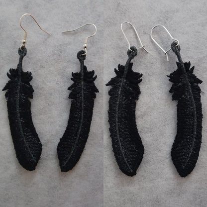 Raven Feather Free-Standing Lace Embroidered Earrings