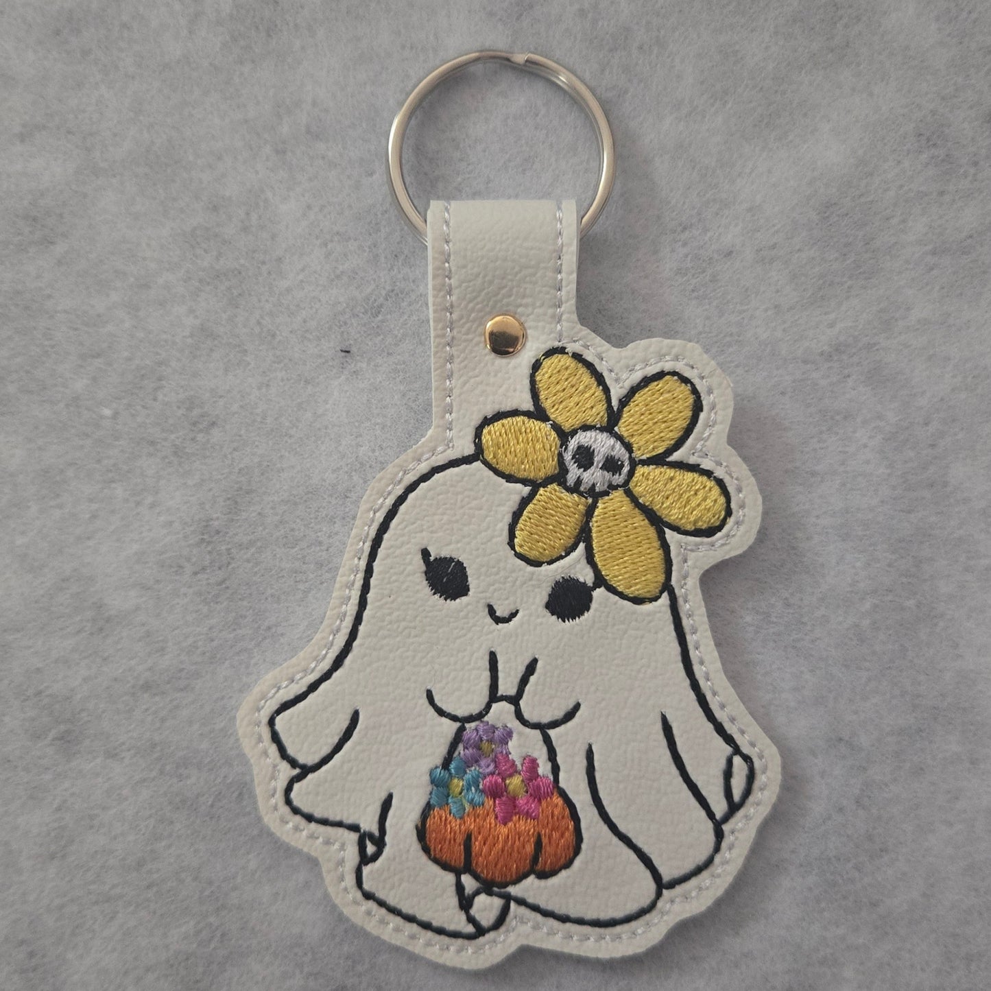 Ghost with Flowers Embroidered Vinyl Key Ring