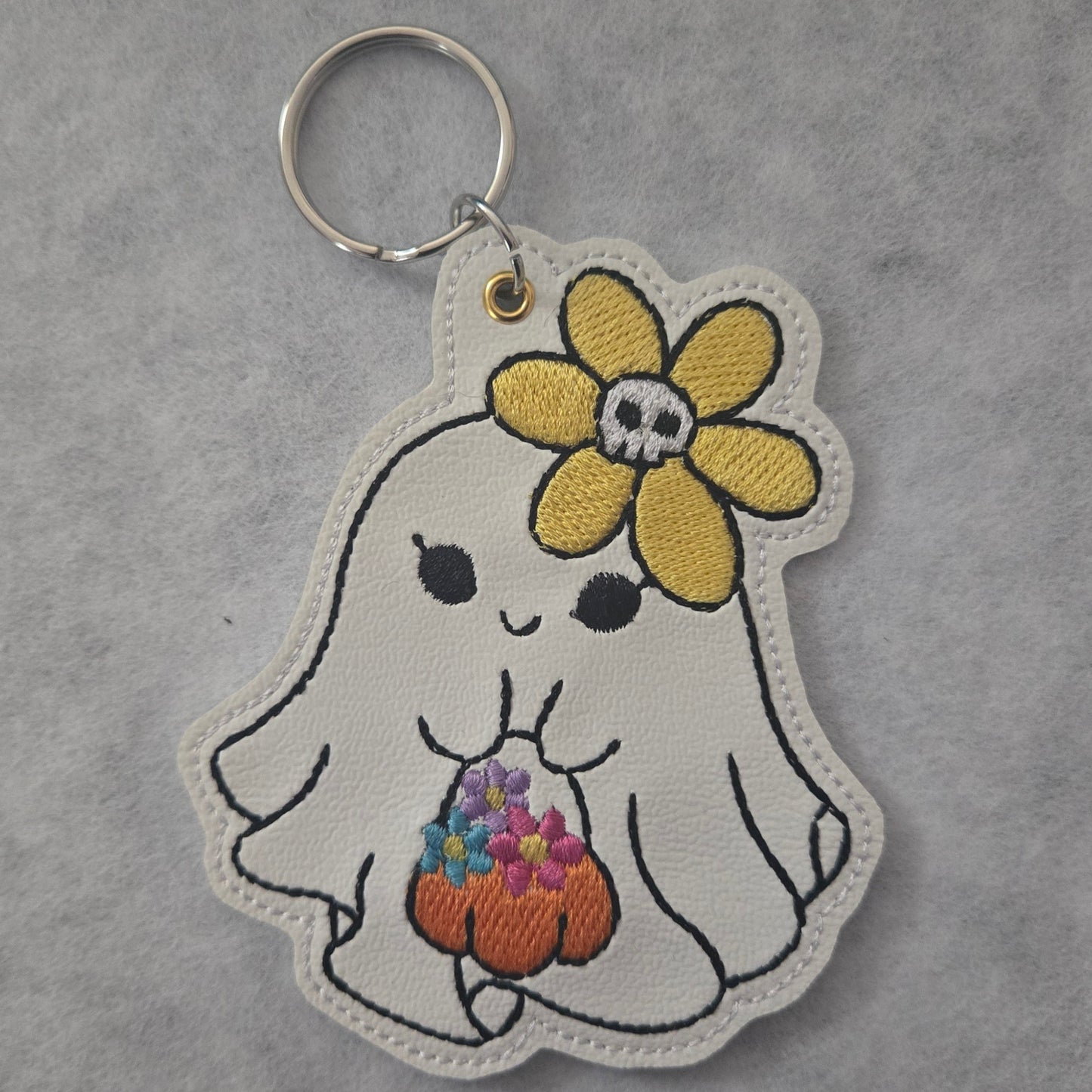 Ghost with Flowers Embroidered Vinyl Key Tag