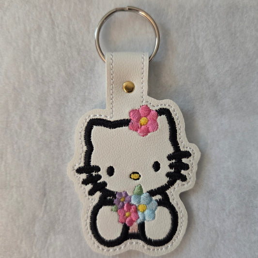 Cartoon Cat with Flower Bouquet Embroidered Vinyl Key Ring