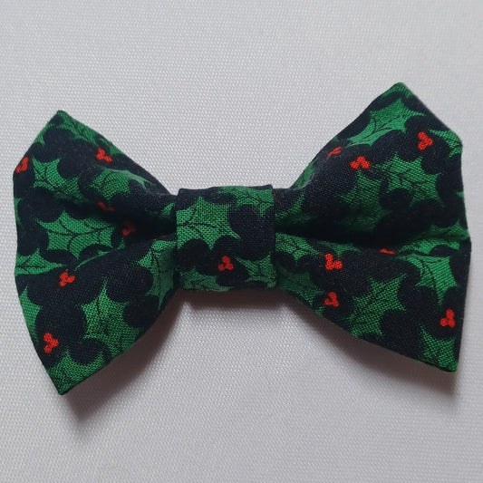 Christmas Holly on Black Over-the-Collar Pet Bow / Bowtie