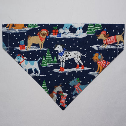 Christmas Dogs / Snowflakes on Blue Over-the-Collar Pet Bandana
