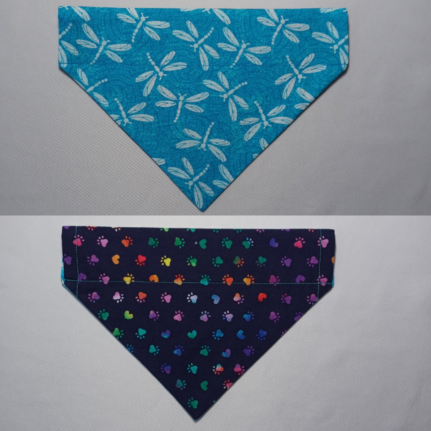 Dragonflies on Blue Mosaic / Navy with Rainbow Paws Over-the-Collar Pet Bandana