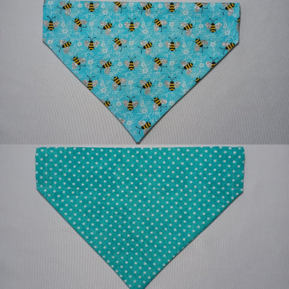 Bees on Light Blue / Teal with Mini White Polka Dots Over-the-Collar Pet Bandana