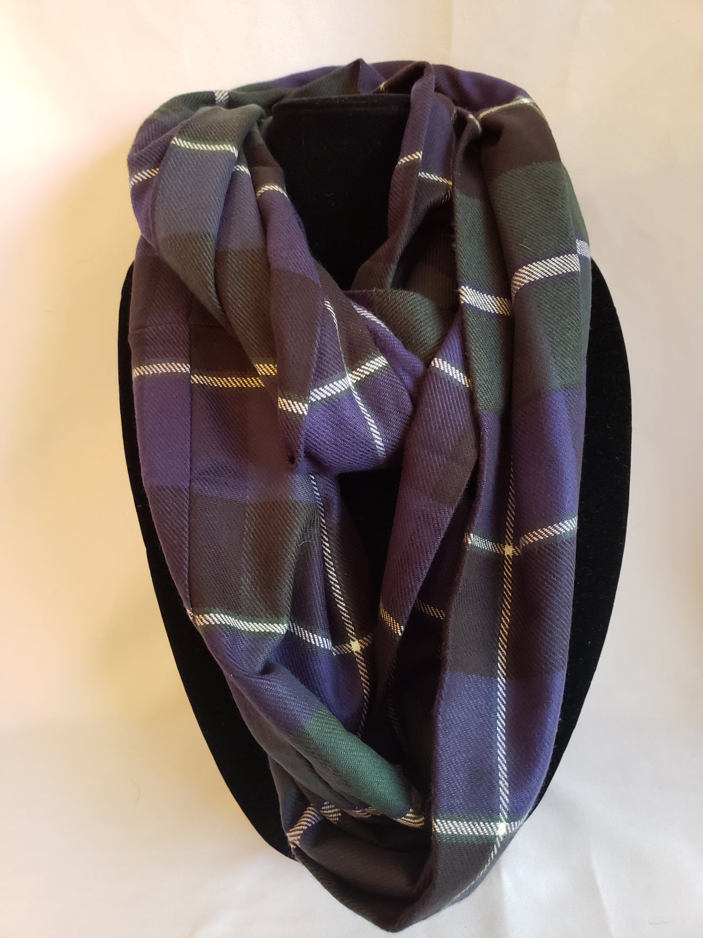 Winter Infinity Scarf in Dark Green, Navy Blue, & White Plaid