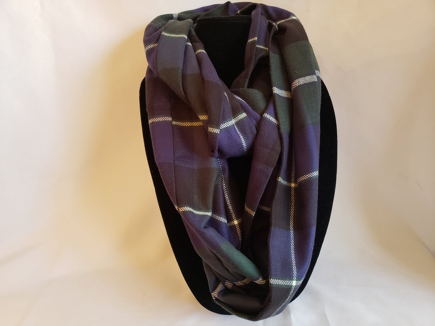 Winter Infinity Scarf in Dark Green, Navy Blue, & White Plaid